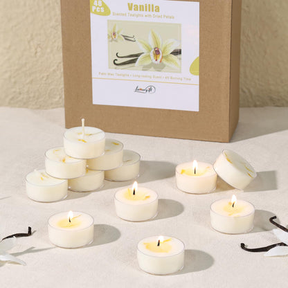 Vanilla Scented Tealight Candles, 48 Pack- Extended 4-5h Clear Cup Scented Tea Lights with Handmade Floral Surface, 100% Natural Palm Wax Tealights Smokeless for Home Cozy Night, Holidays