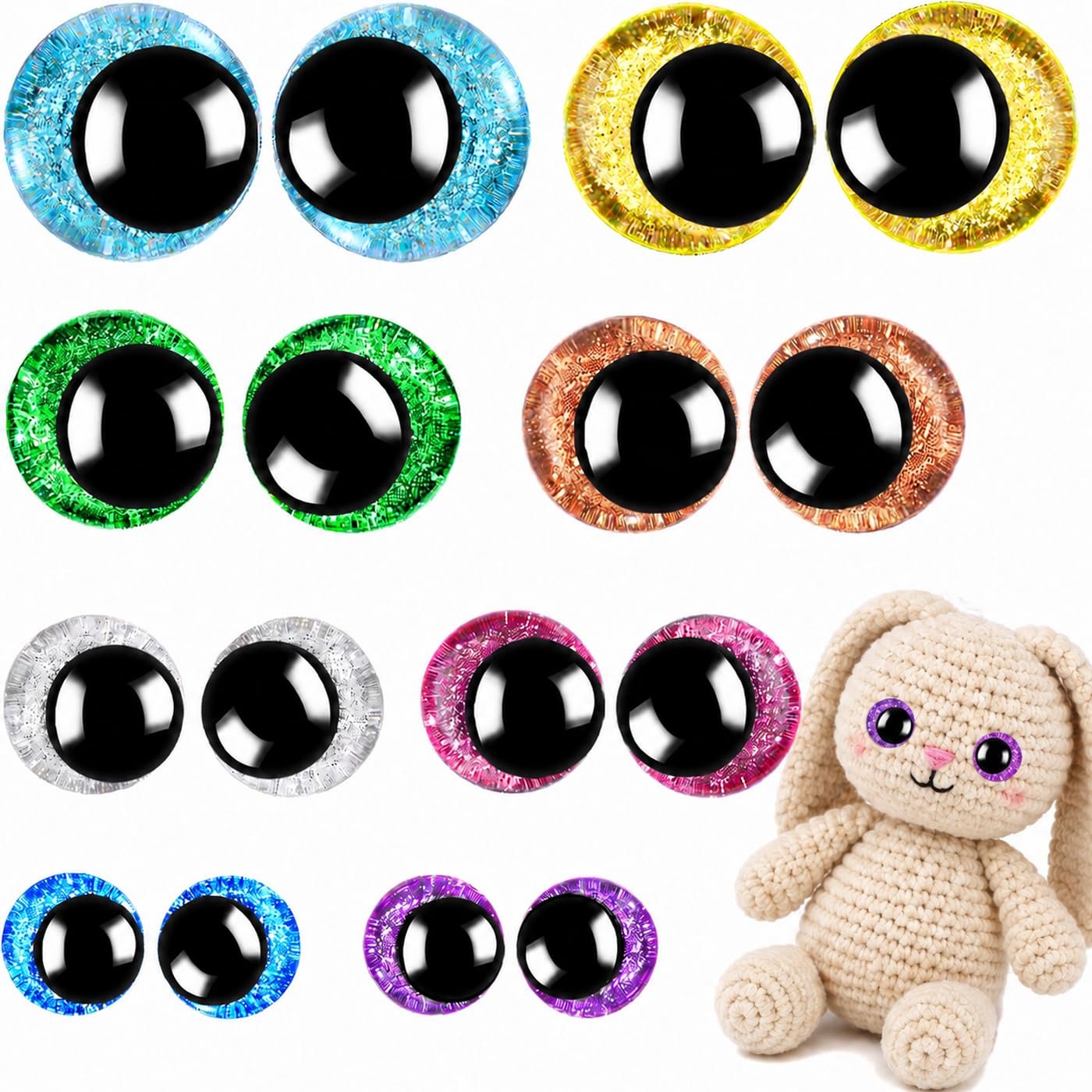 160PCS Large Safety Eyes for Amigurumi 3D Glitter Crochet Doll with Washers for DIY Puppets Bear Crafts Animals Amigurumi Making Supplies(12-18mm)