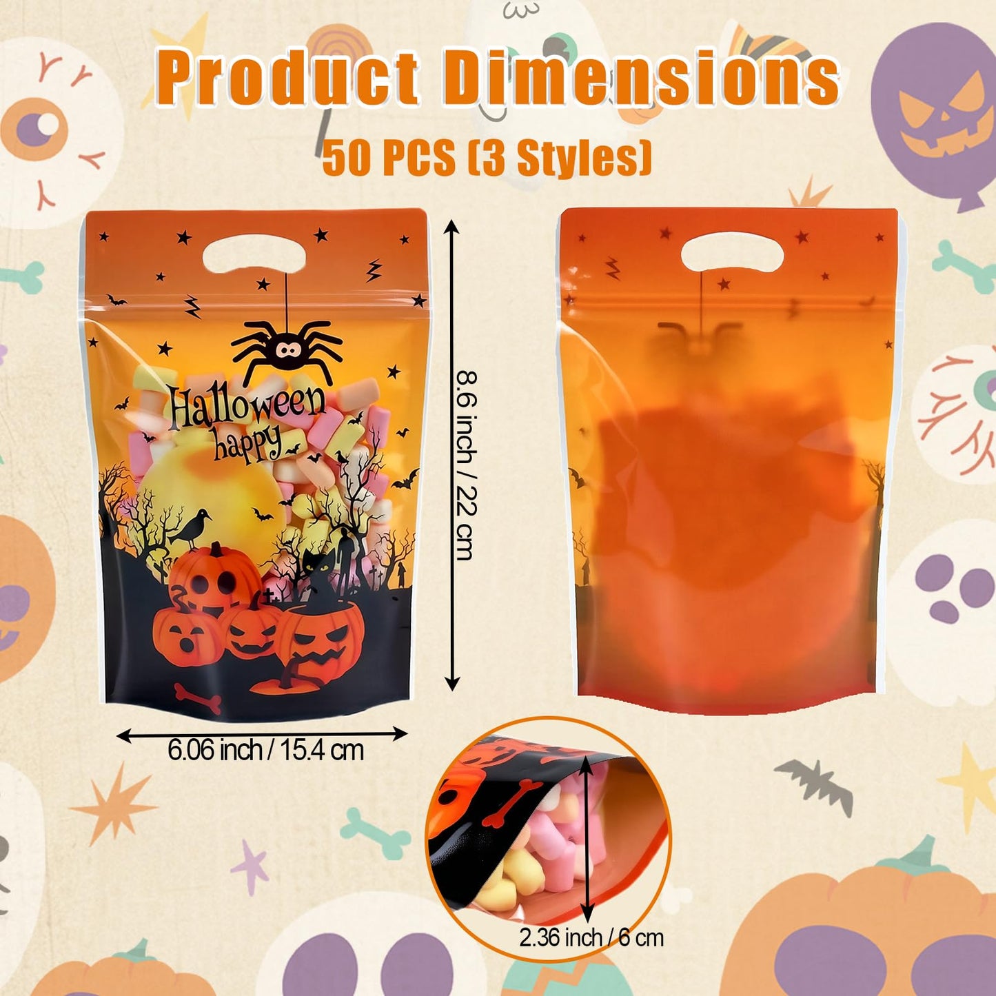 Halloween Ziplock Treat Bags 50 Pcs Goodie Plastic Bags with Zipper & Handles，Resealable Candy Bag for Trick or Treat, Party Favors, Classroom Halloween Supplies