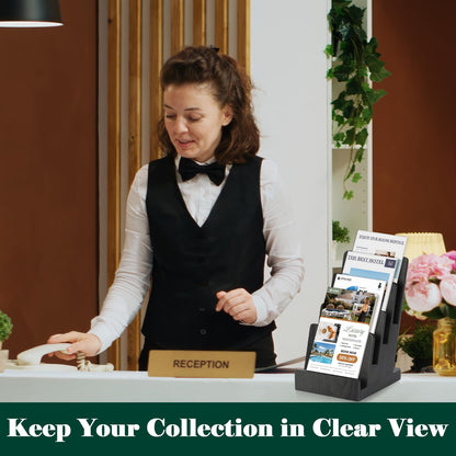 HKSZEH 4 Tier Wood Brochure Display Stand 6 x 9 inch Black Brochure Holder Pamphlet Display Stand for 5.5 x 8.5 inch 5 x 7 inch Booklets Menus Postcard Holder Multi Purpose Organizer