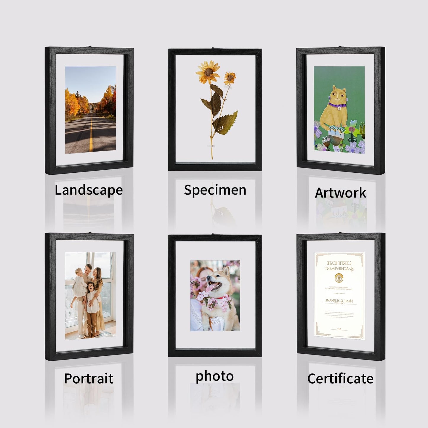 WIFTREY 4x6 Floating Picture Frames Set of 4, Black Rustic Picture Frame 4 x 6 for Wall Hanging, Double Glass Family Photo Frame Display Multi Size, 3.5x5, 4x6, 5x7, 6x8