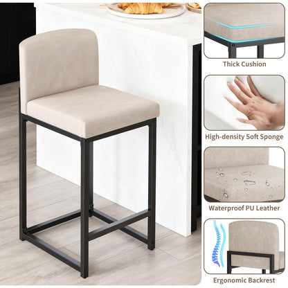 GarveeHome Bar Stools Set of 4, Modern Counter Height Bar Stools with Back and Footrest, Faux Leather Upholstered Barstools Chairs for Kitchen Island Dining Room Bar, Beige
