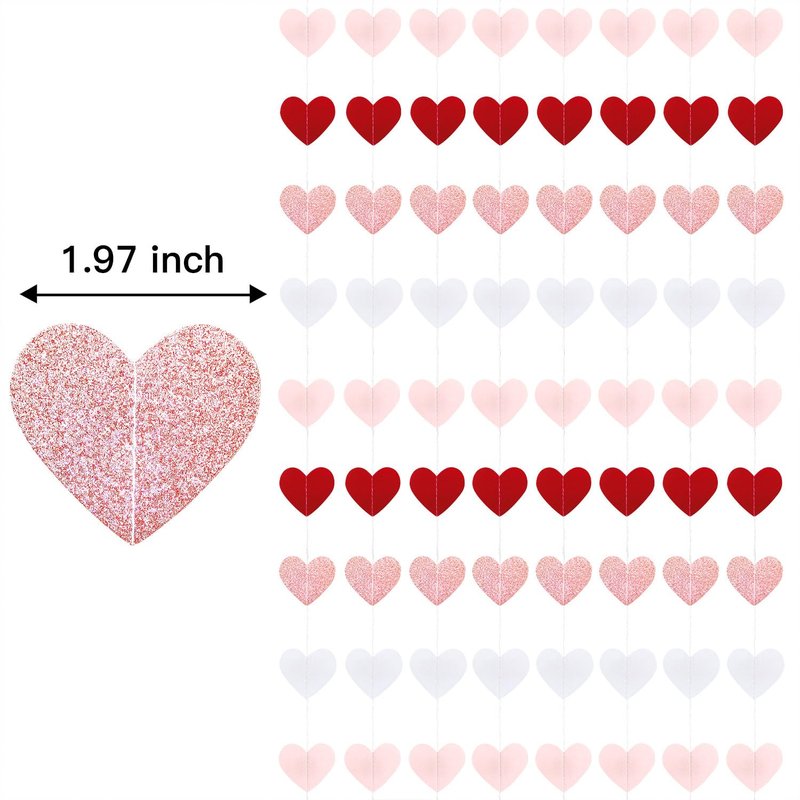 XIANMU 8 Strands Heart Garland Valentines Day Heart Paper Streamers Banner Rose-Gold Pink Burgundy-Red Party Decorations for Mothers Day Wedding Engagement Party Supplies