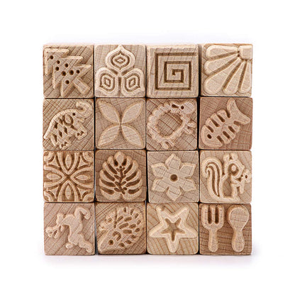 OwnMy Set of 16 Clay Modeling Pattern Stamp Kit, Wooden Clay Pottery Stamps Pottery Tool Wood Block Stamp, Clay Rolling Pin Textured Hand Roller Wooden Handle Pottery Tools Set