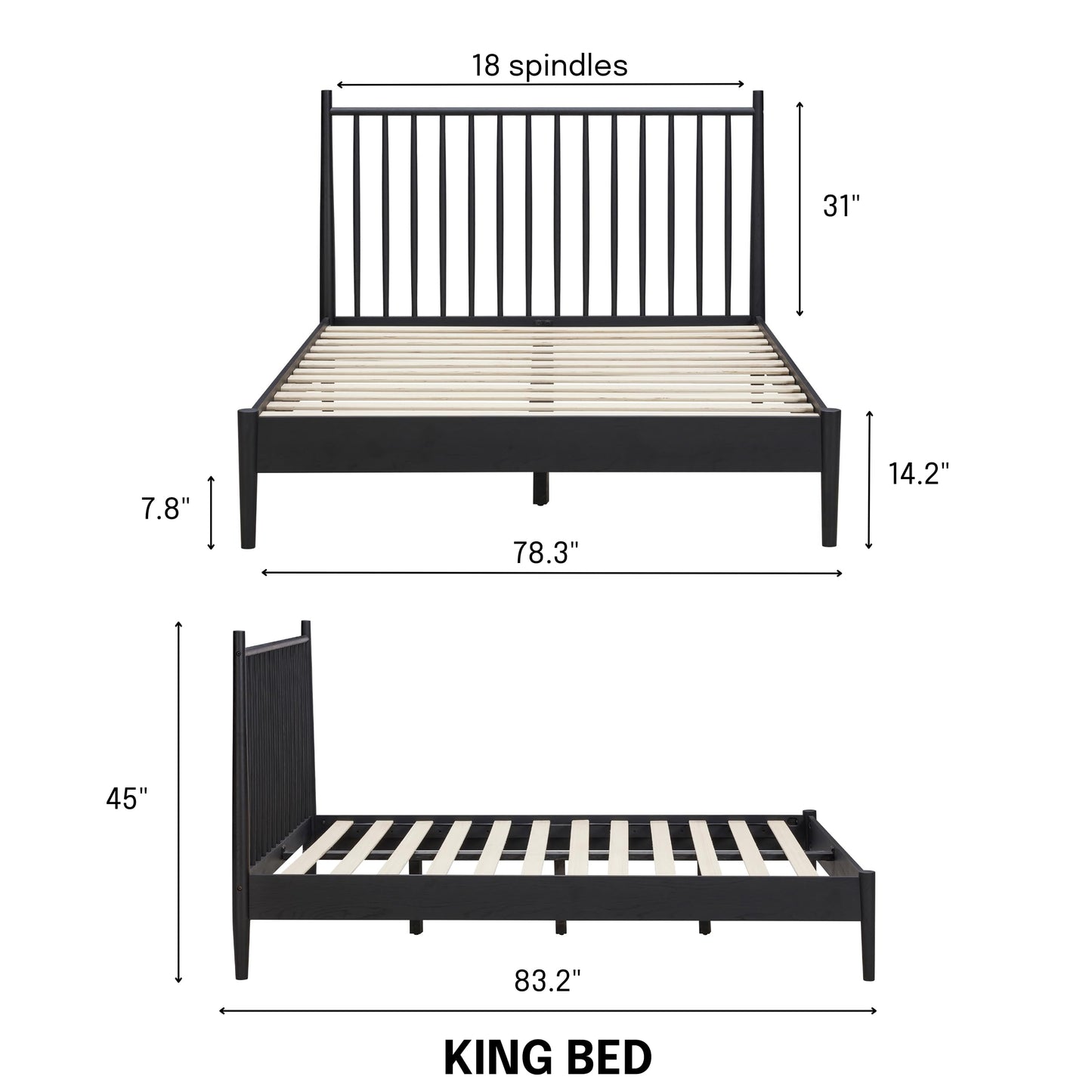 NTC Inno Wooden Bed Frame with Headboard, Solid Oak and Rubber Wood Foundation with Silent Slats and Wood Central Supports, 1000 Lb Capacity, Effortless Assembly, King - Burnt Black