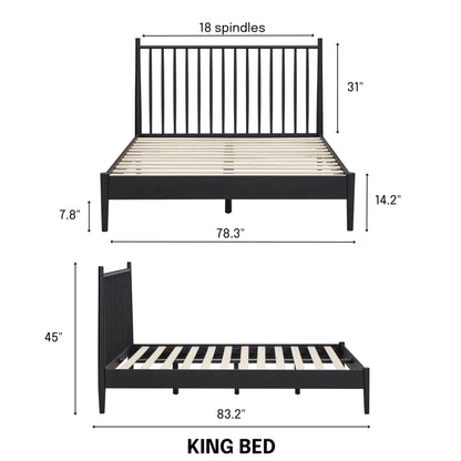 NTC Inno Wooden Bed Frame with Headboard, Solid Oak and Rubber Wood Foundation with Silent Slats and Wood Central Supports, 1000 Lb Capacity, Effortless Assembly, King - Burnt Black