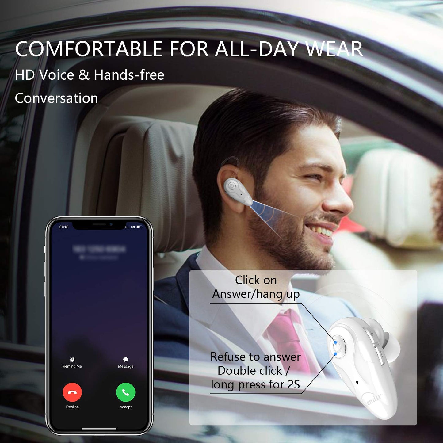 Bluetooth Headset, V5.0 Ultralight Wireless Headphone Cell Phone Earpiece with Mic Headsetcase,Volume Control, Handsfree Earbud,Compatible with Android/iPhone/Smartphones/Laptop