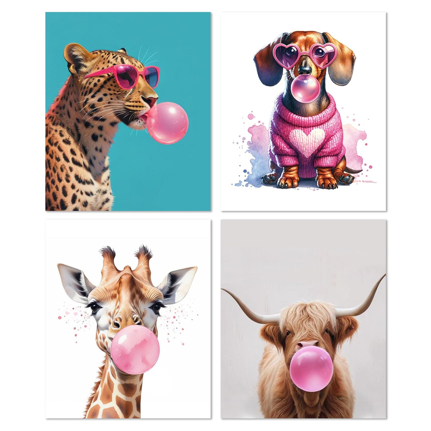 XUNLURY Funny Animal Diamond Art Kits 4 Pcs, Trendy Pink Leopard Highland Cow Dachshund Giraffe Diamond Painting Kits for Kids Adults Beginners, Full Drill Diamonds Dots for Home Decor, 9.8x11.8 Inch