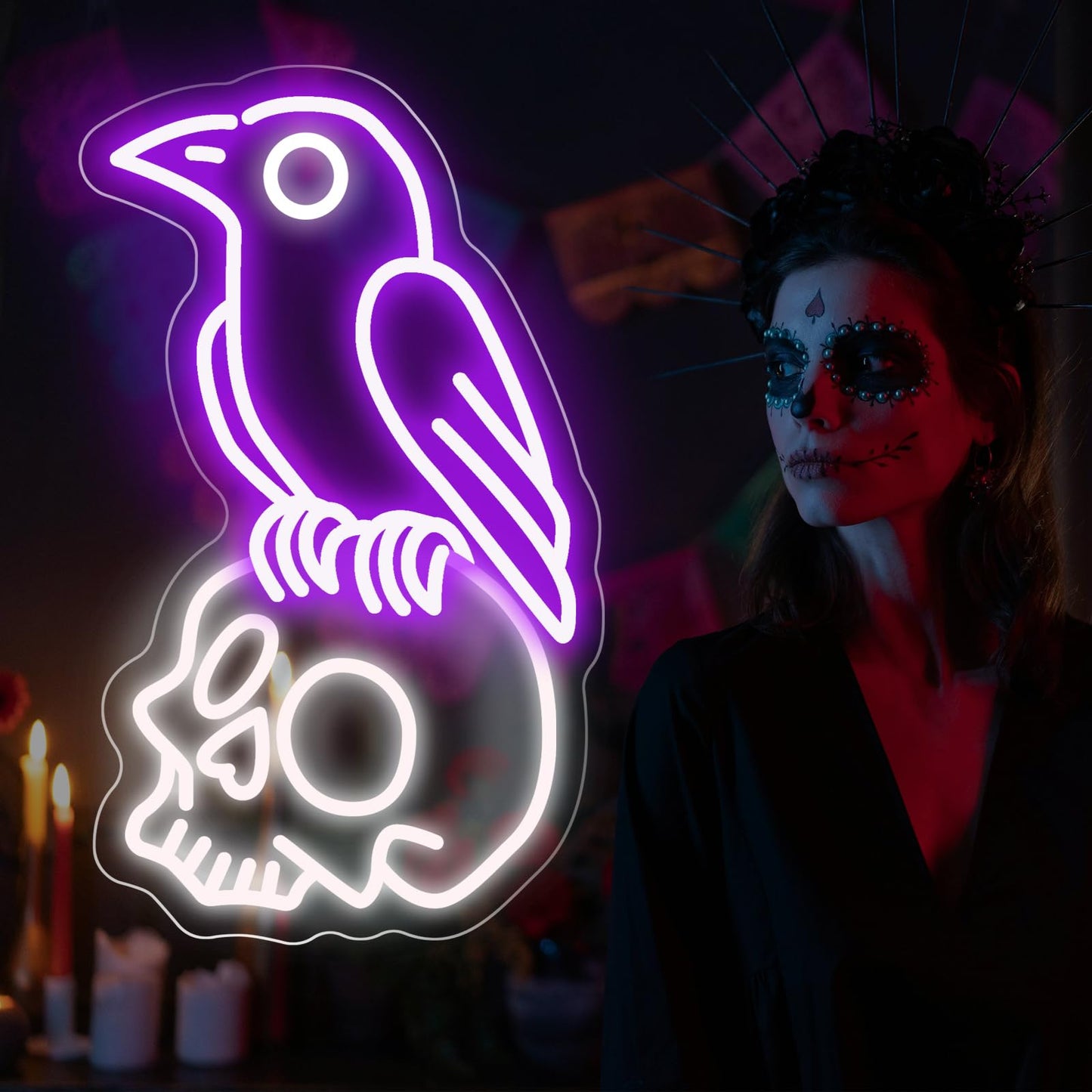 Raven on Skull Neon Sign, Purple Crow Cold White Skeleton LED Wall Light for Gothic Room, Halloween Decor, Man Cave, Dark Aesthetic Gift, Witchy Space 16.7" x 10.1"