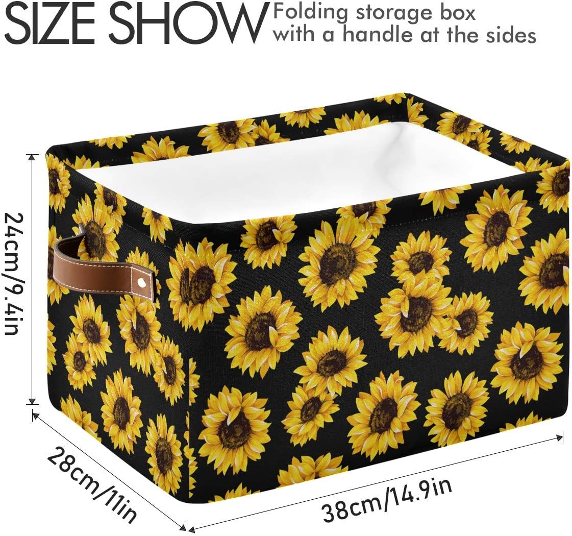 senya Large Foldable Storage Basket, Black Fabric Organizer Bag with Sunflowers and Handles 15 x 11 x 9.5 inch