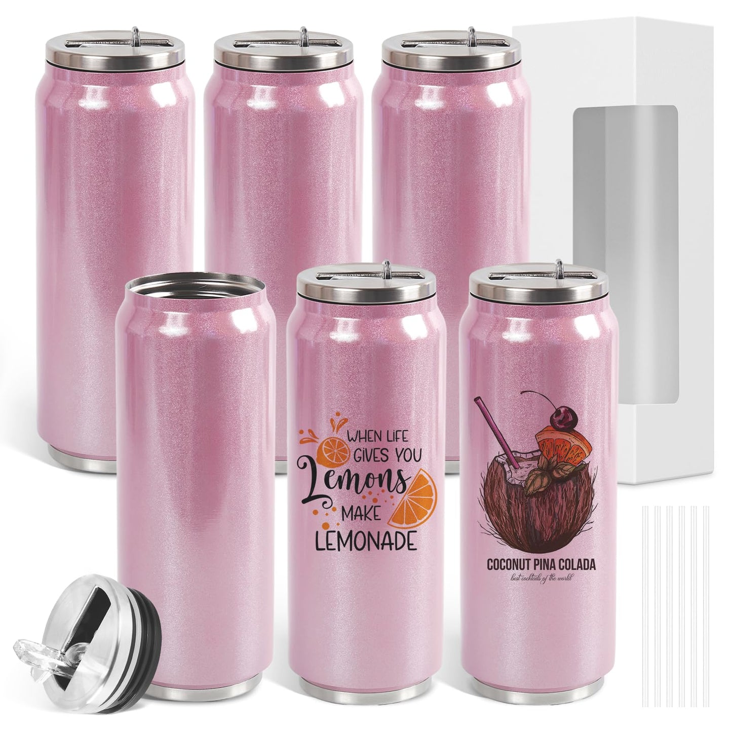 ColorSub 17 oz Sublimation Glitter Tumblers Cans, Stainless Steel Sublimation Blanks Tumblers, Double Wall Insulated Cups Set with Lid, Straw, Gift Box, 6 Pack Pink