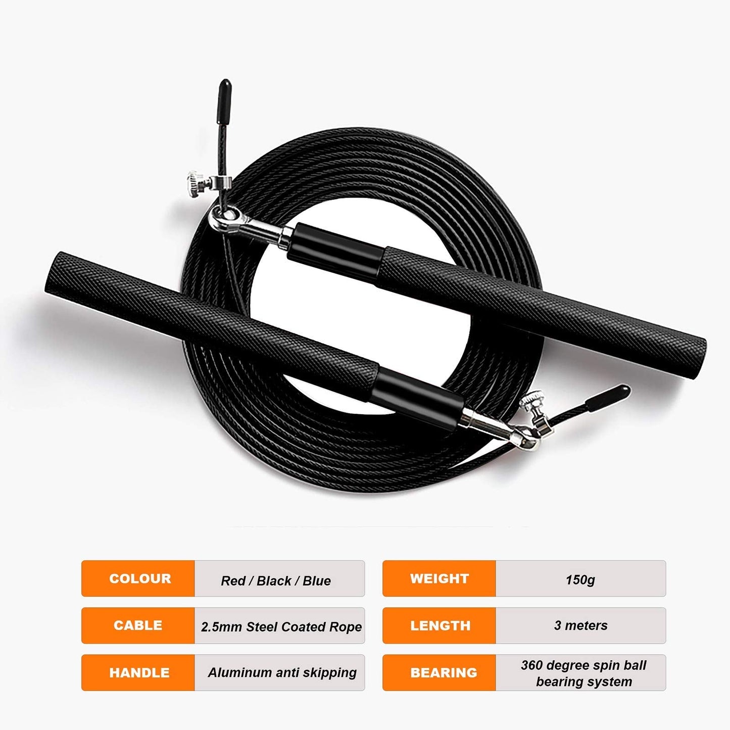 Speed Jump Rope - 360° Swivel Ball Bearing - Adjustable steel coated skipping rope- Aluminum Anti Skipping Handle -Fitness Training Boxing Sports Exercises -suitable for kids and adults(Black)