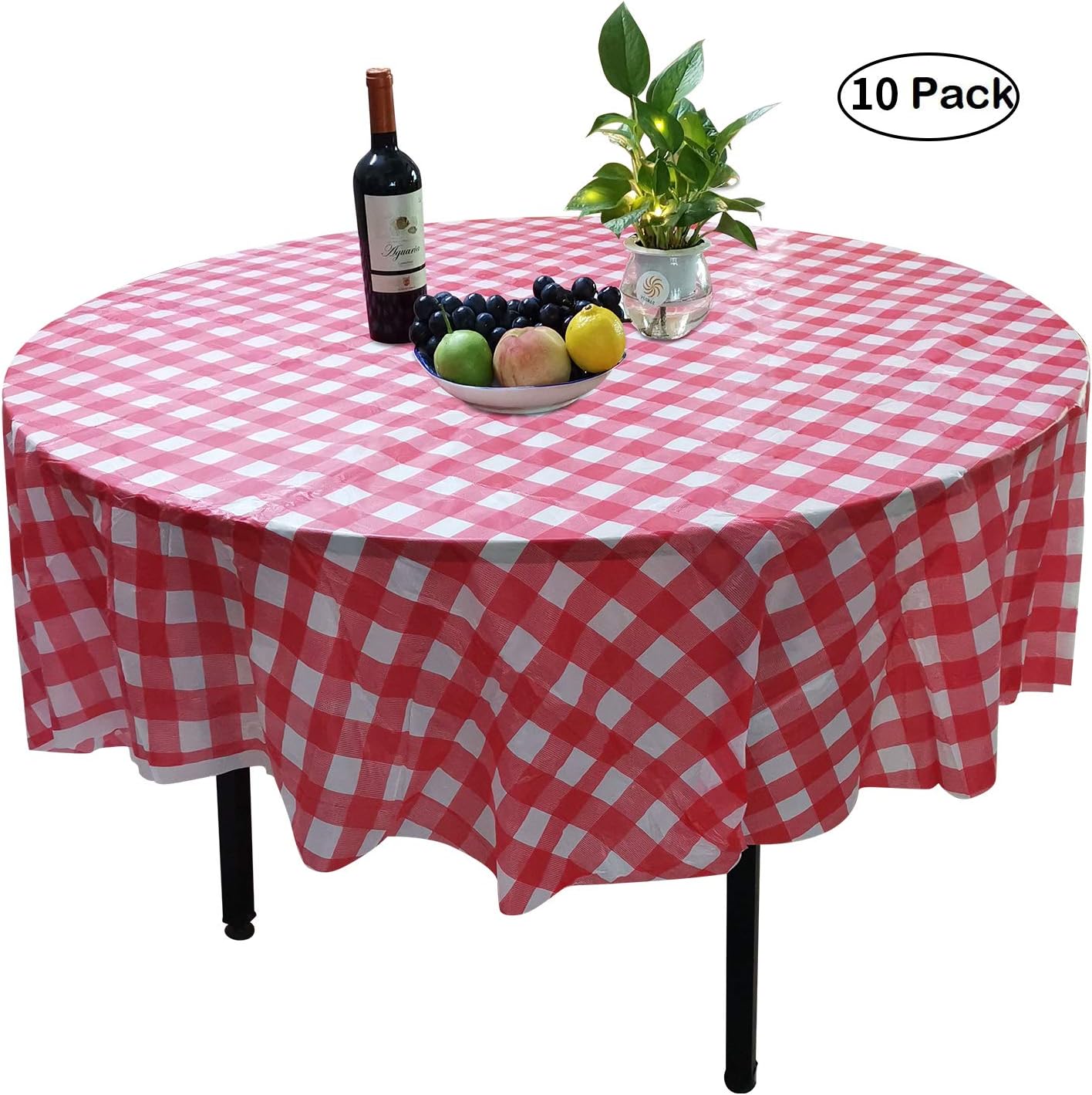 10 Pack Round Plastic Checkered BBQ Tablecloth, Red & White Gingham Table Covers for Plastic Picnic (Round 84 inch)