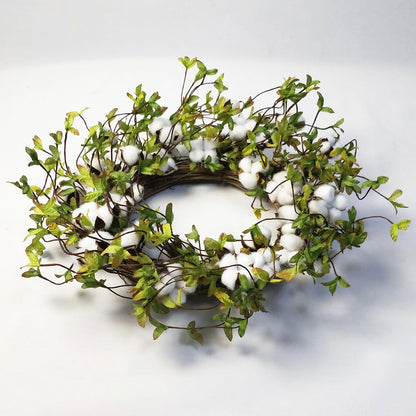 idyllic Green Leaves and Cotton Wreath for Front Door, Artificial Wreath on a Natural Twig Base for Farmhouse, Garden, Wedding, Decor