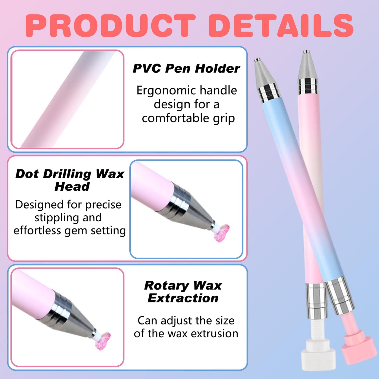 2 PCS Automatic Refillable Wax Pen for Diamond painting, Refillable Diamond Art Pen with 6 Refill Wax Pads, Wax Pen for Art Nail DIY Craft (Gradient Blue+Gradient Pink)