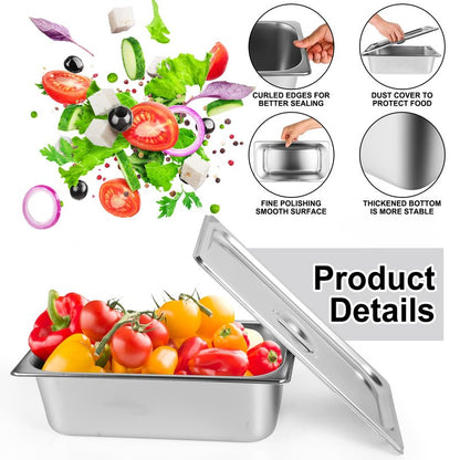 8 Packs Stainless Steel Hotel Pans with Lids 1/4 Size x 6" Deep Steam Table Pan Commercial Food Storage Containers Stackable Metal Steamer Pan Anti-Jam Hotel Restaurant Warm Pans