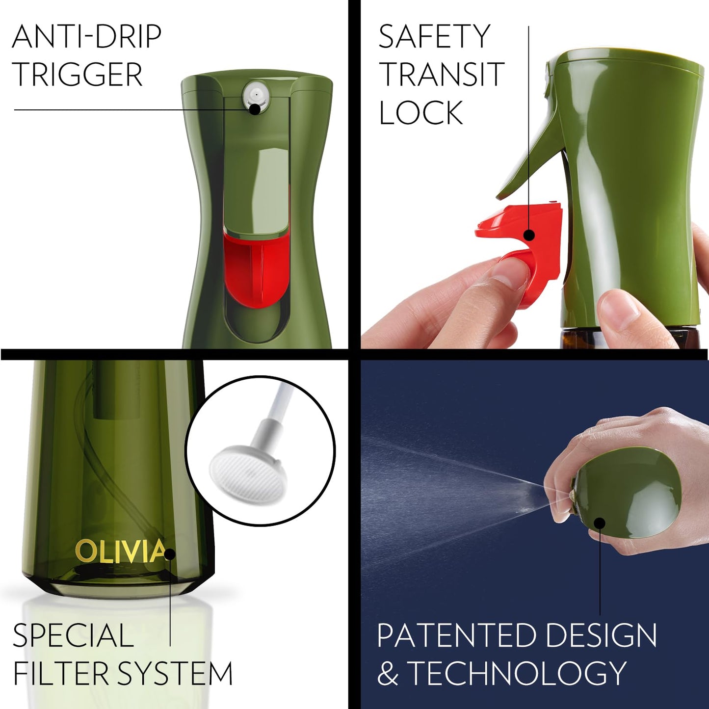 FLAIROSOL OLIVIA Oil Sprayer for Cooking, 200ml Glass Olive Oil Sprayer, Continuous Cooking Spray with Portion Control, Oil Dispenser for Kitchen, Air Fryer, Salad, BBQ (Green Bottle, Gold Print)