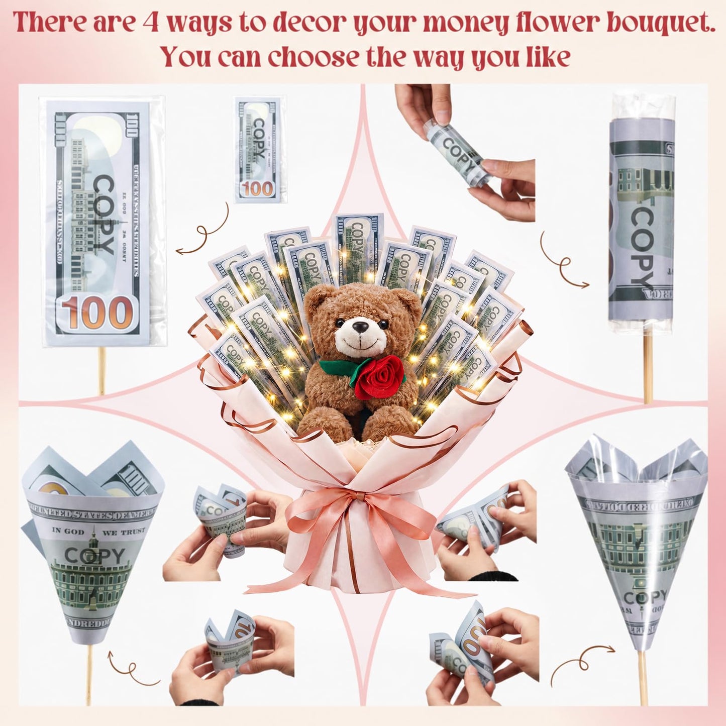 Mimorou DIY Money Bouquet Kit with Teddy Bear, Graduation 2026 Gift, Cash Flower Bouquet Wrapping Set for Birthday, Anniversary Present for Wife Grandma(Floral Bear,Pink Gold)