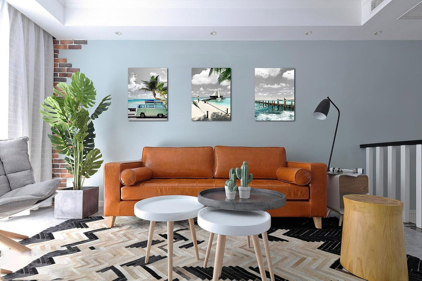 Acocifi Ocean Canvas Wall Art - Mint Green Beach Coastal Seascape Painting - Framed Tropical Palm Tree Print 12"x16"x3