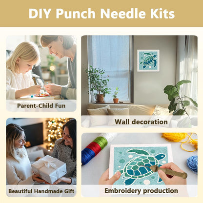 DOODLREAM Green Sea Turtle Punch Needle Kit for Beginner, 9.4"x9.4" Marine Animal Punch Stitching Craft Set, DIY Embroidery Starter with Printed Frame, Instruction, Threader, Yarn, Pinch Needle