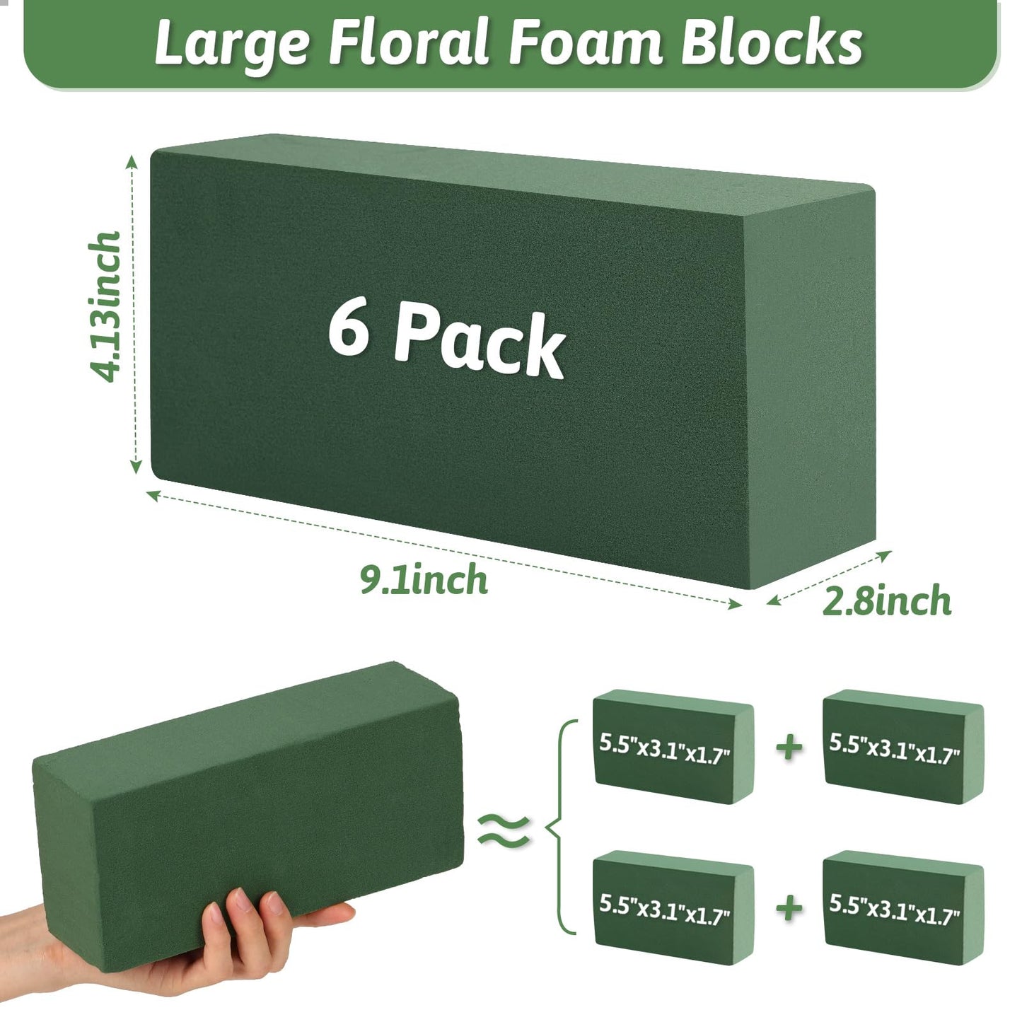 MAPVOLUT 6 Pack Green Floral Foam Blocks (9.1"x4.1"x2.8") + 2 Rolls Waterproof Floral Tape | Wet & Dry Flower Arrangement Foam for Fresh/Silk Flowers, DIY Crafts, Weddings, Centerpieces