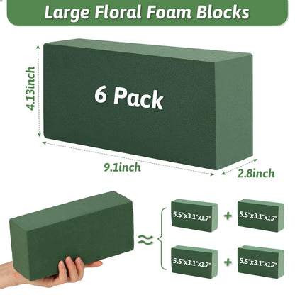 MAPVOLUT 6 Pack Green Floral Foam Blocks (9.1"x4.1"x2.8") + 2 Rolls Waterproof Floral Tape | Wet & Dry Flower Arrangement Foam for Fresh/Silk Flowers, DIY Crafts, Weddings, Centerpieces