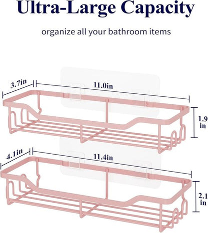 Kitsure Shower Caddy Large - No Drill Adhesive Organizer | Stainless Steel Shelf for Bathroom, 2 Pack, Pink