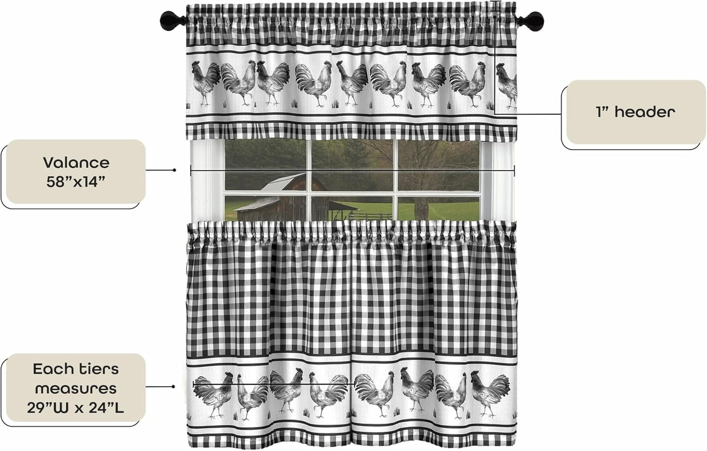 Light Filtering Printed Tier & Valance Window Curtain Set - 58 Inch Length, 24 Inch Width - Barnyard (Black), Machine