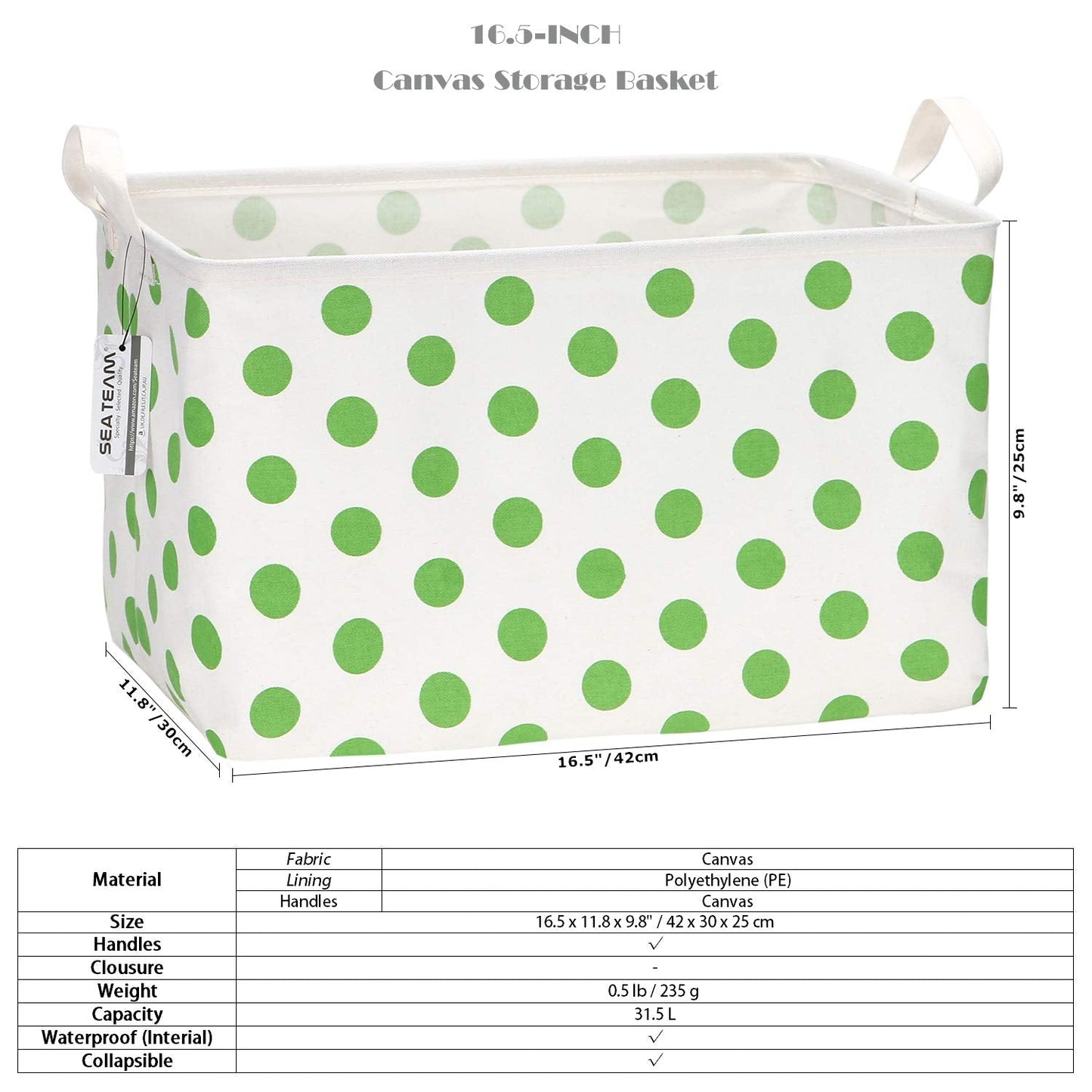 Sea Team Collapsible Canvas Storage Basket with Handles, Waterproof Rectangle Bin, Foldable Closet Organizer, 16.5 x