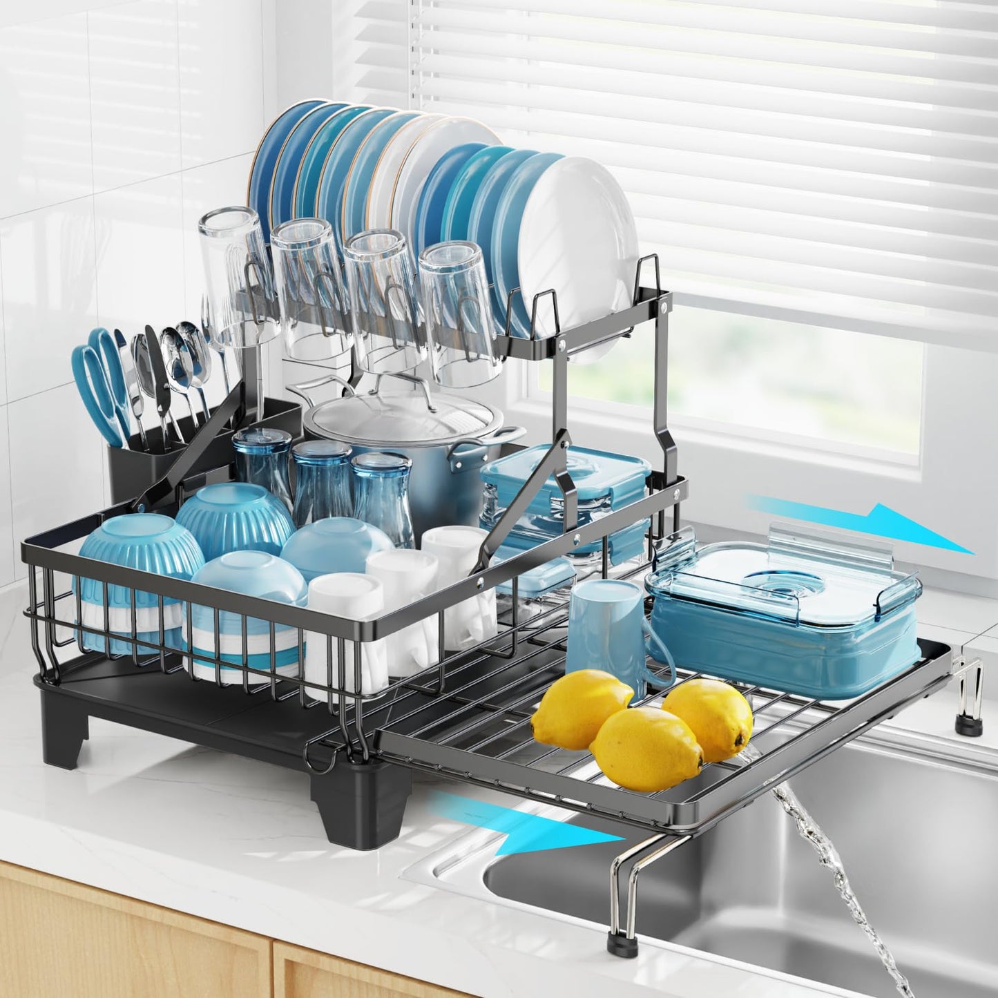 GSlife Large 2 Tier Dish Drying Rack, Expandable Heavy-Duty Dish Rack for Kitchen Counter, Rust-Resistant Dish Drainer with Utensil & Cup Holder, Auto-Drain, 16.9" W x 14.4"-22.4" L, Black