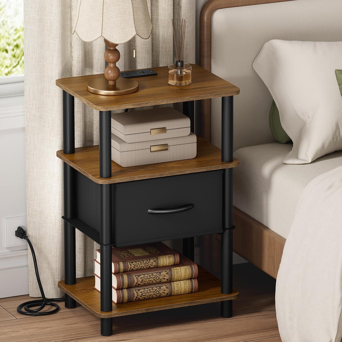 3-Tier 2-Min Bedroom Nightstand with Charging Station, Bedside Table with Adjustable Fabric Drawer, Night Table