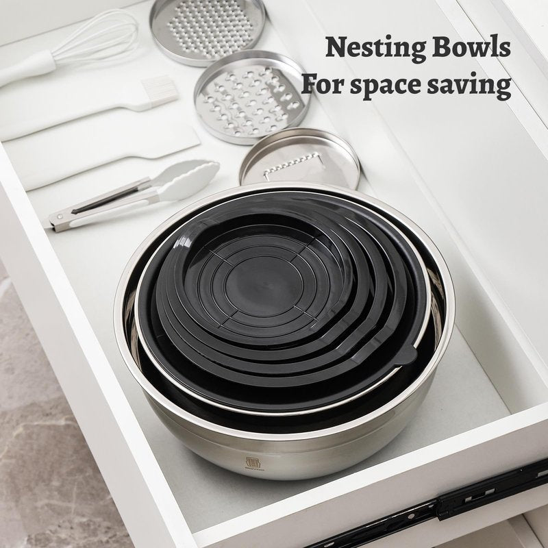 ROYDX Stainless Steel Mixing Bowls With BPA Free Airtight Lids &3 Grater Attachments,Non-Slip Bottoms- 33% Thick Metal Nesting Bowls for Mixing & Serving