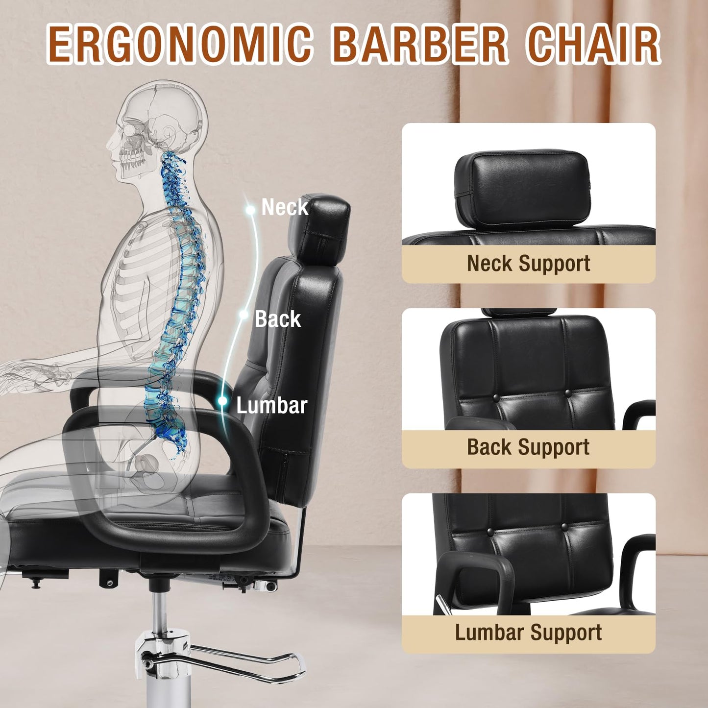 Barber Reclining Chair with Headrest - Heavy Duty Hydraulic Pump Height Adjustable,360°Swivel ,Max Load Weight 440 Lbs,Beauty Salon Spa,Barbershop,Hairdresser Cutting,Styling Stylist,Braiding,Black