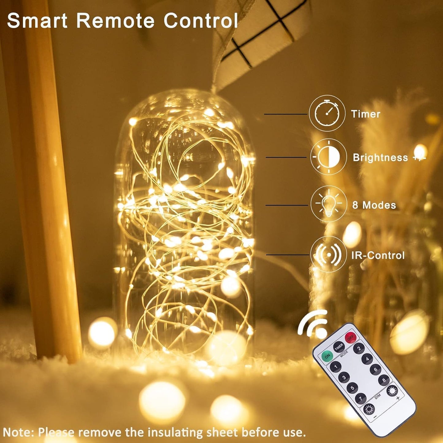 Nopsra 40ft 100 8 Fairy Lights Plug in, LED Indoor Outdoor String Lights,Twinkle String Lights for Bedroom with Remote