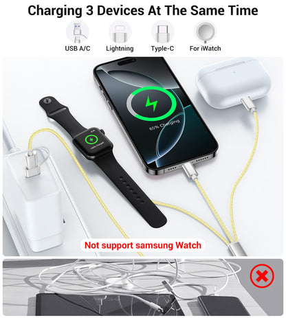 Temdan for Travel Vacation Essentials,3 in 2 USB C Cable for Apple Watch Charger/iPhone 17 Charger/Lightning,Multi Charging Cable Cord,Camping Essentials,Designed for iWatch &iPhone 16-12-5FT Purple