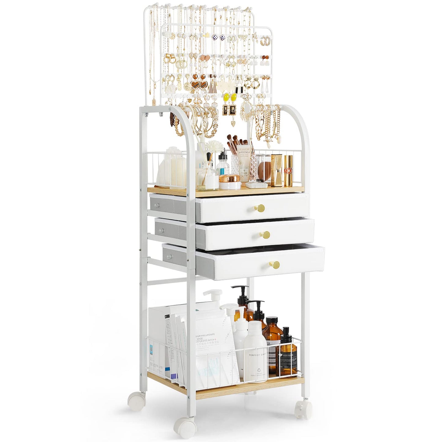 Keebofly Jewelry Organizer Stand with 3 Drawers, Large Necklace Holder & Earring Organizer Rack, Wooden Jewelry Tree Tower for Rings, Bracelets, Sunglasses and Skincare, Gift for Women, White