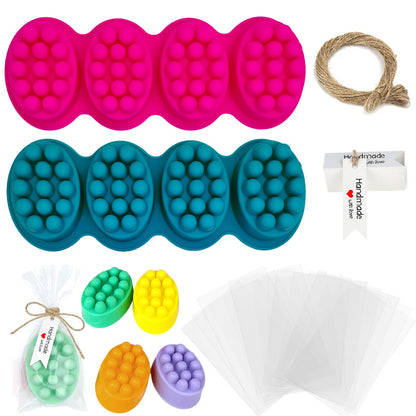 Silicone Soap Making Kit with 2 Massage Bar Molds, 48 Gift Bags, 48 Tags, 65ft Jute Twine, Hair Comb Design, Pink and Teal