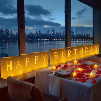 Homemory Happy Birthday Light Up Letters Luminary Bags with Flameless Candles and 2000 Fake Rose Petals, Happy Birthday Banner Sign Party Decoration for Women Men