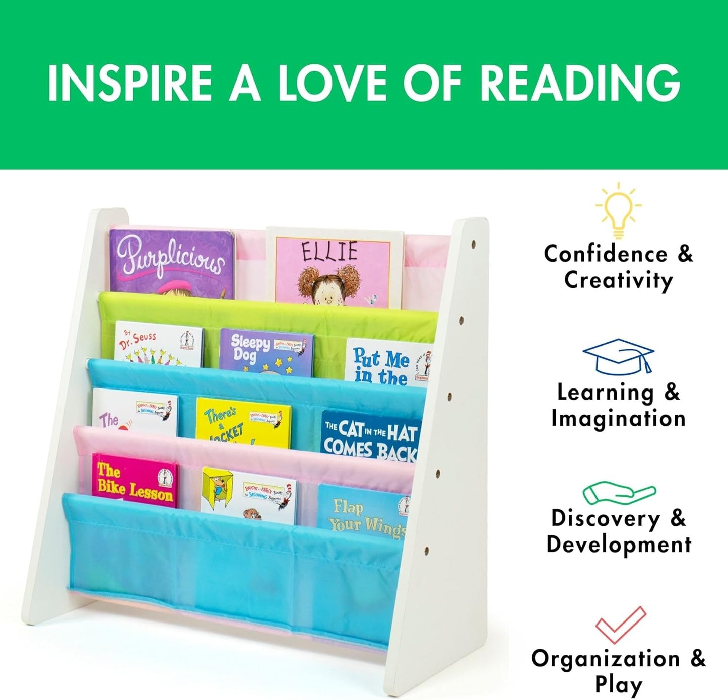 4-Tier Humble Crew Kids Bookshelf, White Wood/Pastels - Premium Book Shelf for Kids Rooms with Four Deep Pockets