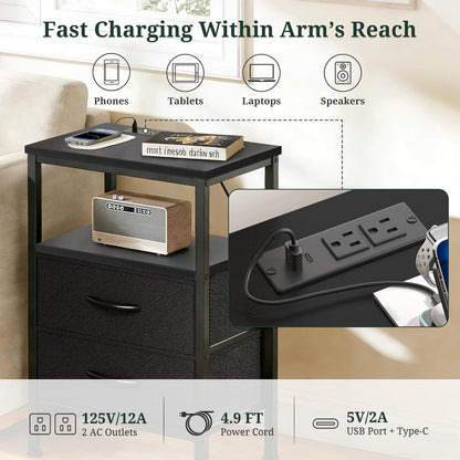 2 Nightstand with Charging Station, Bedside Table with USB Ports & Outlets, Small Dresser End Table with Fabric Drawer