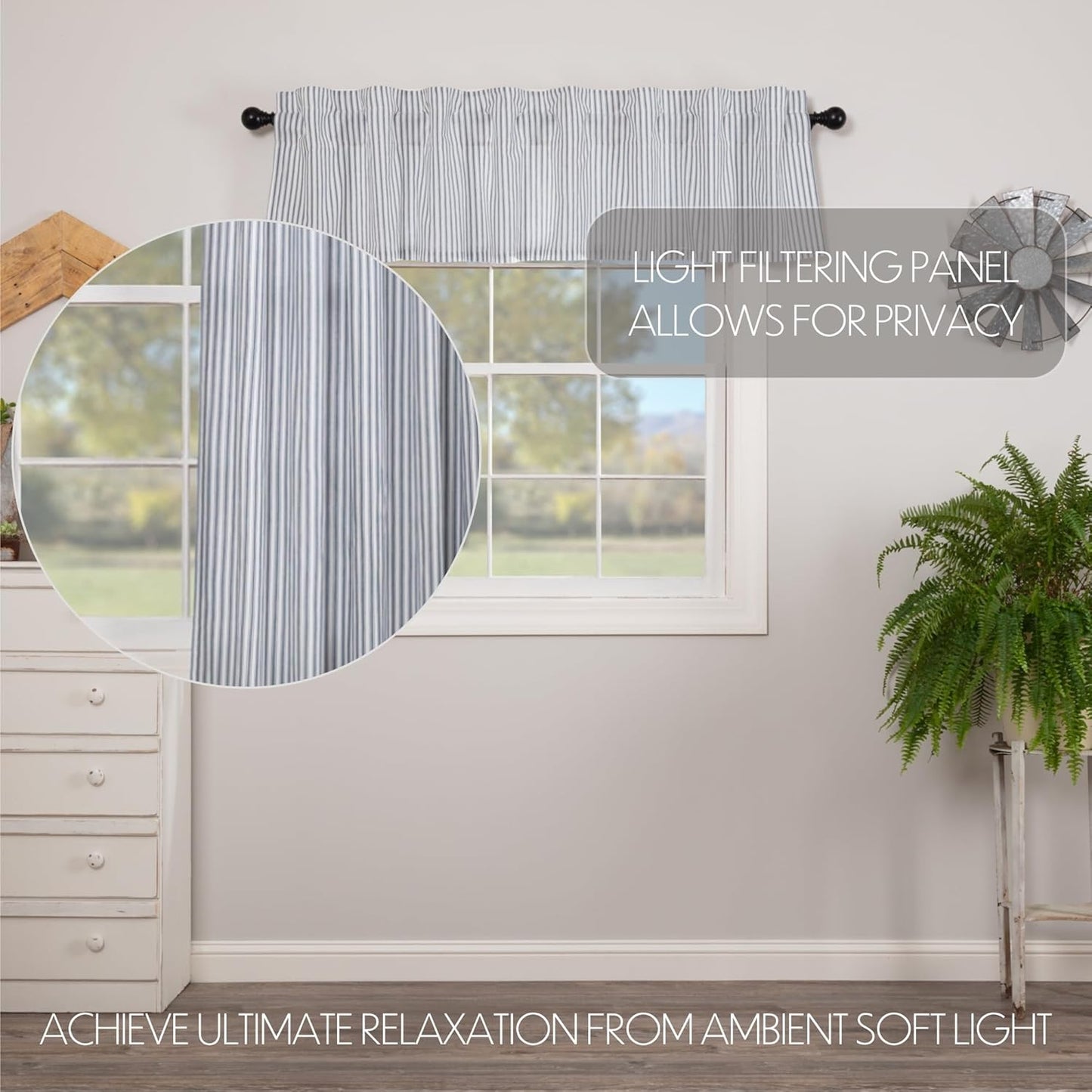 VHC Brands Sawyer Mill Blue Valance Curtain Lined Stripe for Kitchen or Dining Room Windows 16x72