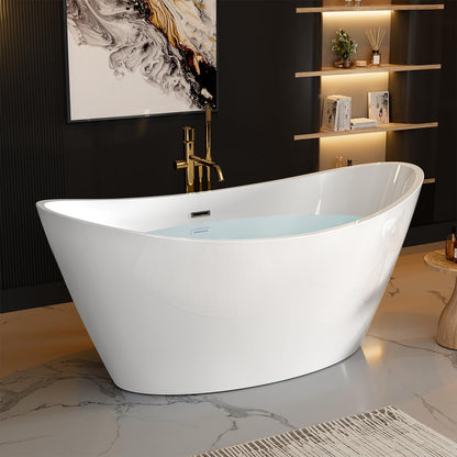Empava 67" Luxury Freestanding Soaking Bathtub - Modern Oval Spa Tub for Deep Relaxation & Master Bathroom Sanctuary, High-Gloss Acrylic with Brushed Nickel Overflow and Drain, cUPC Certified