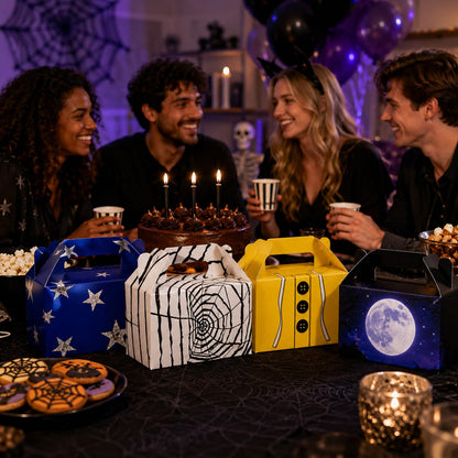 24 Pcs Spooky Themed Party Favor Boxes Cartoon Movie Theme Treat Paper Boxes Spider Star Moon Button Paper Box Halloween Supplies Spider Birthday Themed Favor Box for Celebration Party Supplies