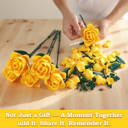 HAYXUN 12 Yellow Roses Building Block Bouquet Set, 585 Pieces Artificial Botanical Kit, Unique for Mom & Grandma, Everlasting Floral Home Decor