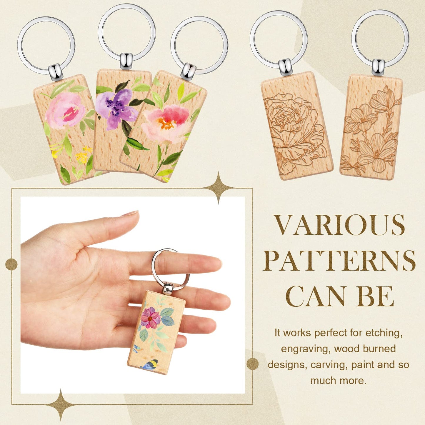 Yinkin 50 Pcs Wooden Keychain Blanks Bulk Laser Engraving Key Chain Unfinished Wooden Key Ring Tag for DIY Gift Crafts (Rectangle)