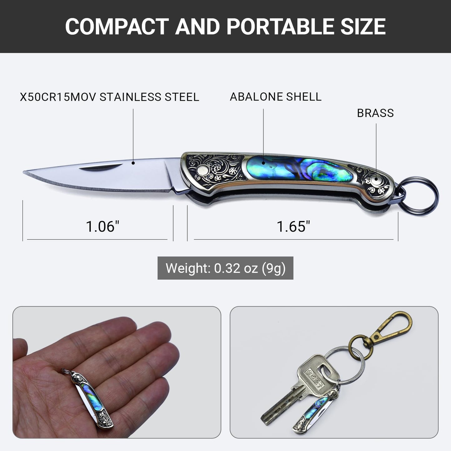 JPCRMOV Mini Folding Pocket Knife, Abalone Shell Handle, Keychain EDC Tool, 1.06” Blade, Ultra Lightweight 9g, Small Box Opener for Daily Carry