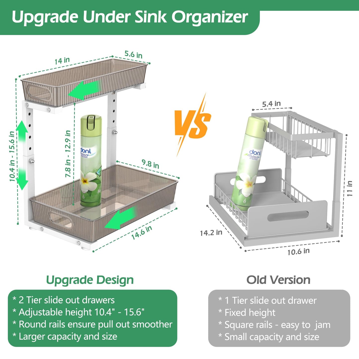 ADRIMER Under Sink Organizer 2 Packs, Pull Out Kitchen Sink Organizer, 2 Tier Slide Out Kitchen Organizers and Storage Bathroom Under Cabinet Storage Shelf, Grey & White