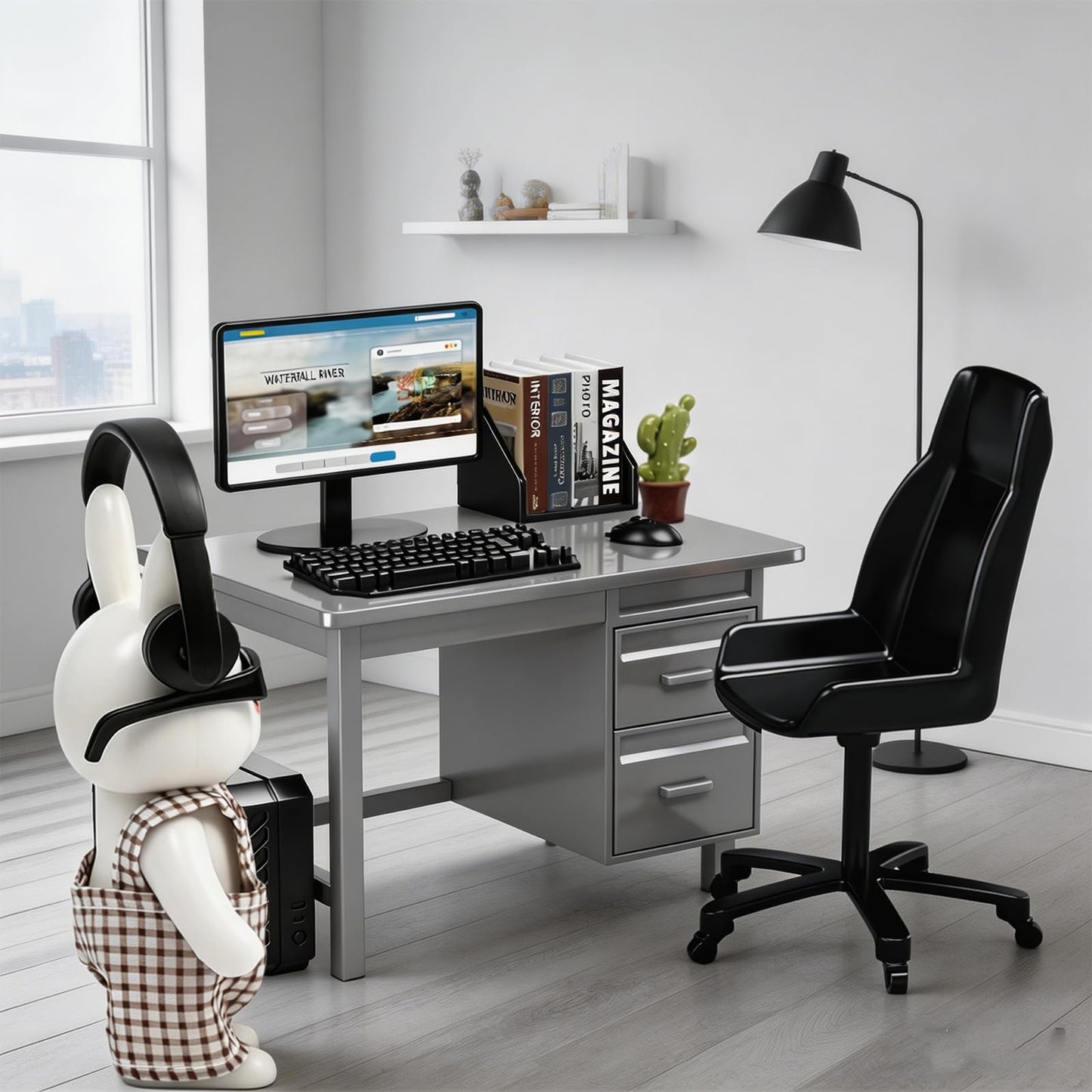 Dollhouse Furniture and Accessories,Miniature Office Furniture Set, Featuring a Desk, Chair, Rabbit, Computer, Bookshelves and Accessories, Suitable for Displaying Ideal Gifts