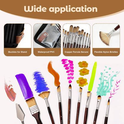 Paint Brush Holder Case for Artists with 27Pcs Paint Brushes,Brush Organizer with Standing Paint Brushes Set with Round Flat Fan Filbert Cat Tongue Dagger Palette Knife Travel Paintbrush Storage Bag
