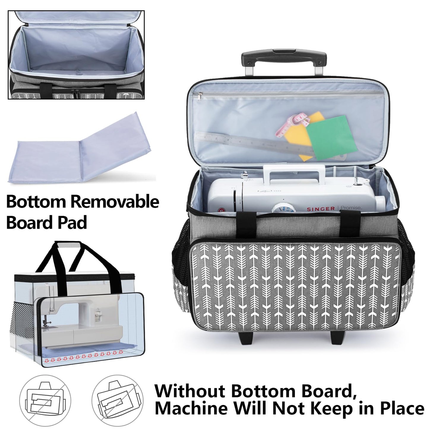 Yarwo Upgraded Rolling Sewing Machine Carrying Case, Detachable Trolley Tote Bag with Removable Bottom Board and Thickened Trailer Leg for Most Standard Sewing Machine and Accessories, Gray with Arrow